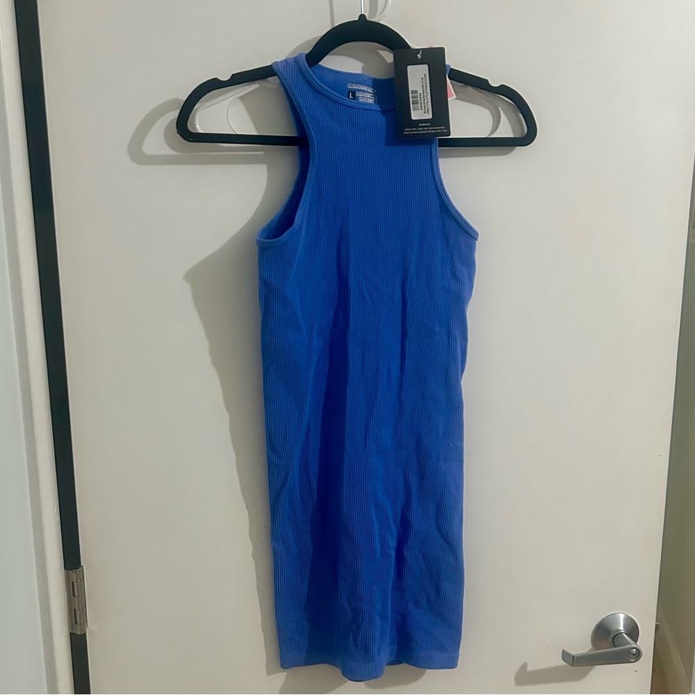 NWT Pretty Little Thing Blue Contour Rib Racer Neck Bodycon Dress- Sz L